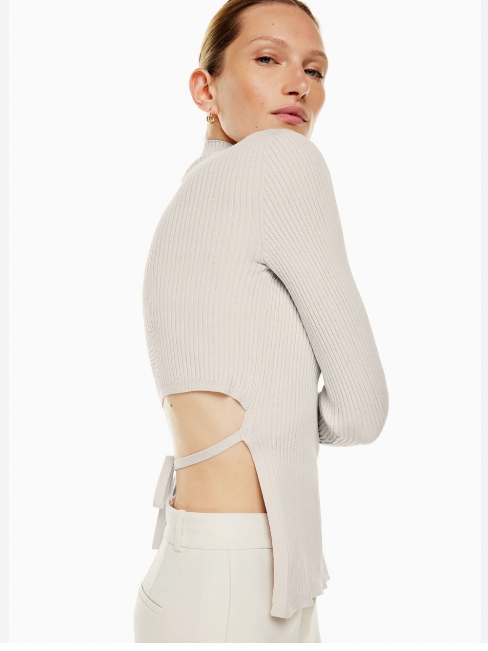 Babaton Aritzia Sculpt Knit Tie-Back Longsleeve Matte Pearl Size Small